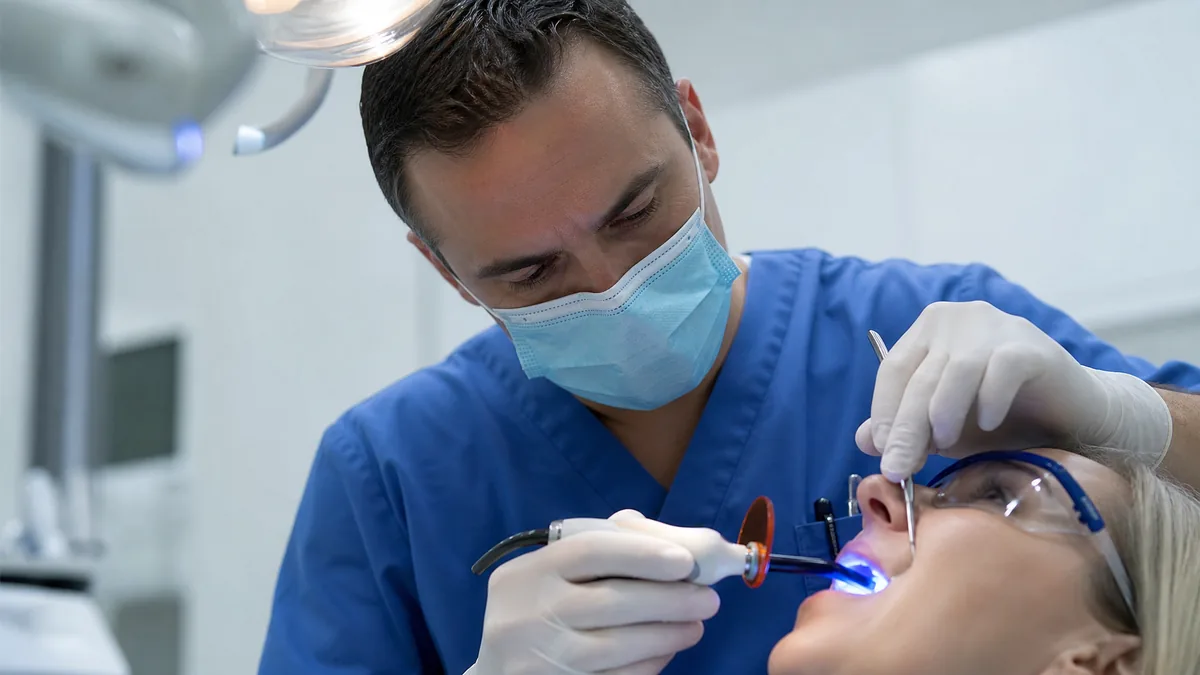 Dentist carefully applying tooth-colored composite resin filling at Sunrays Smiles Dental Care in Winter Springs, FL